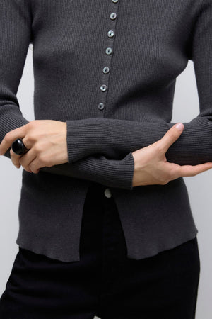Ukino O-Neck Knit Cardigan - Dark Grey Melange