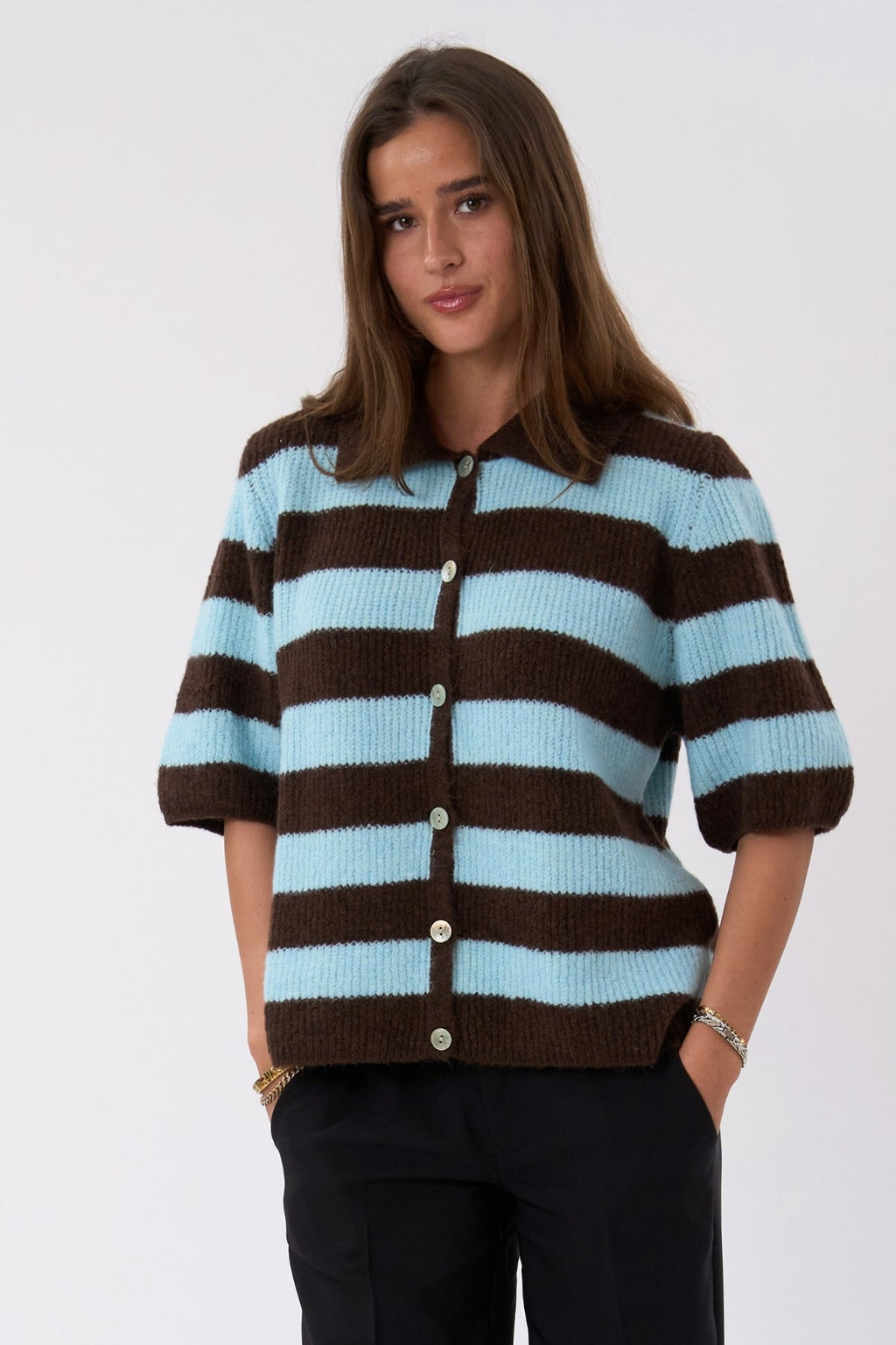 Alba Polo Knit - Chocolate/Light Blue