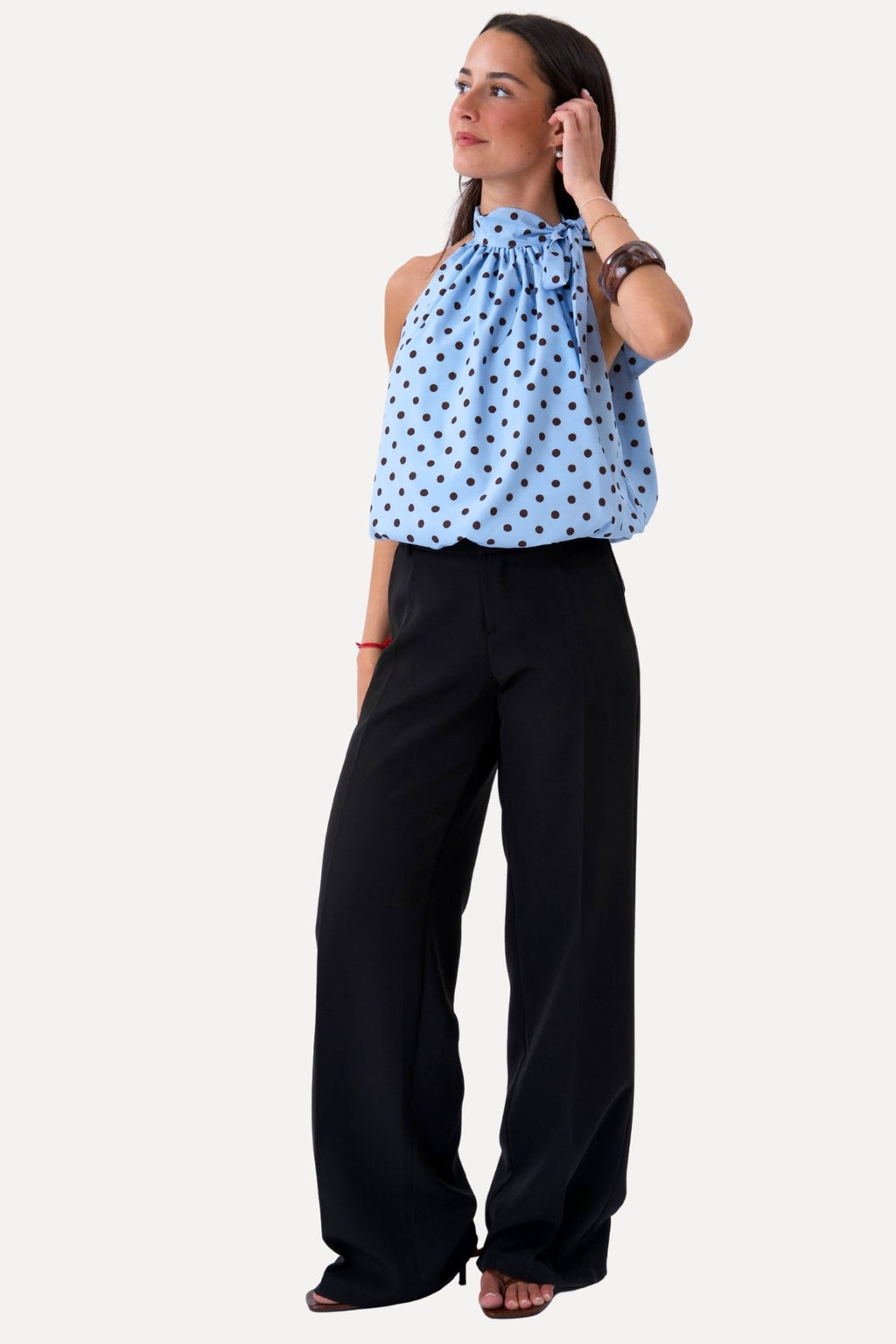 Wilma Top - Light Blue/Brown Dots