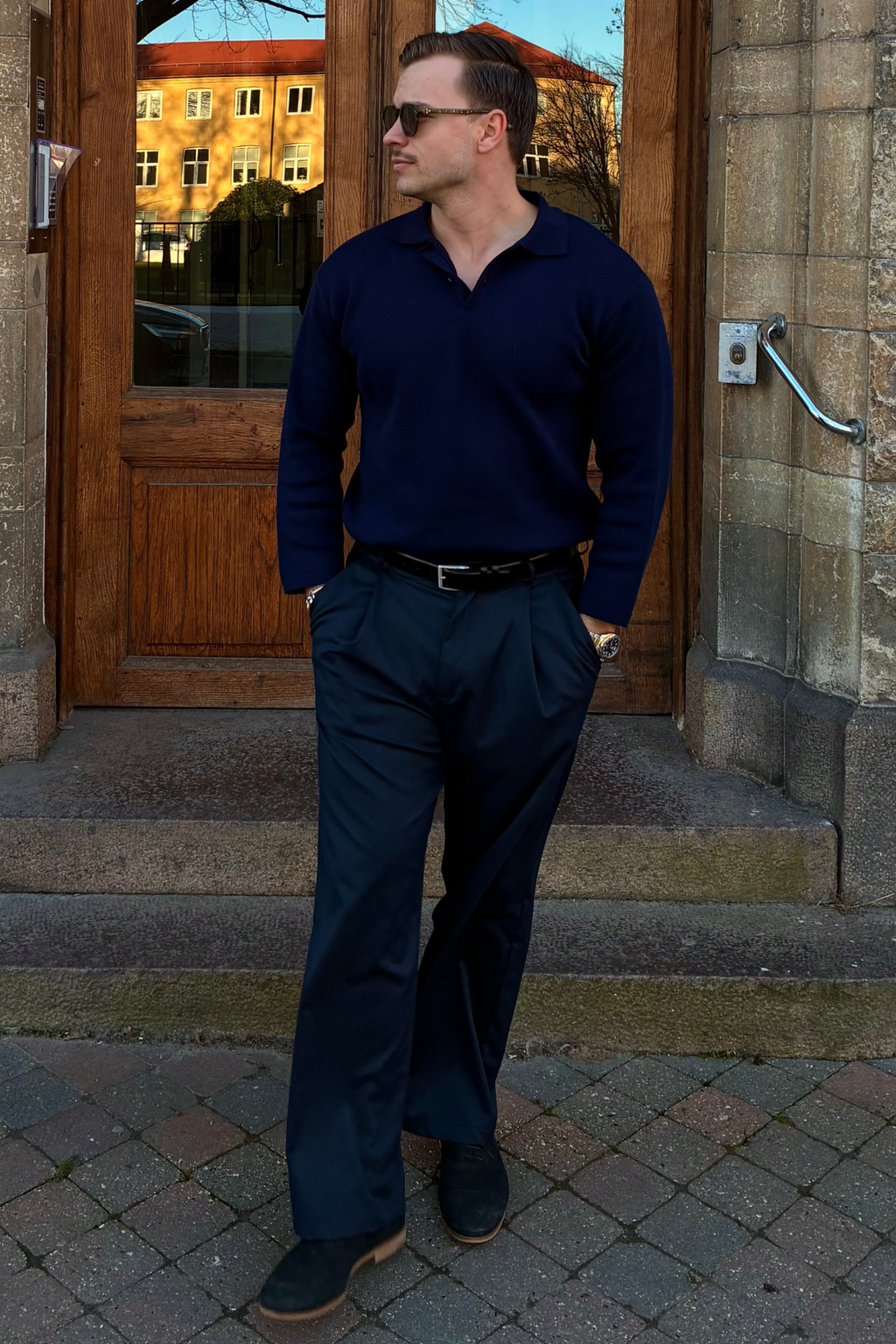 Polo muinchille fada cniotáilte - Navy