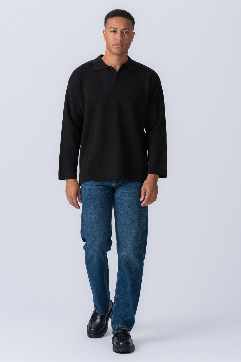 Knitted Long Sleeve Polo - Black