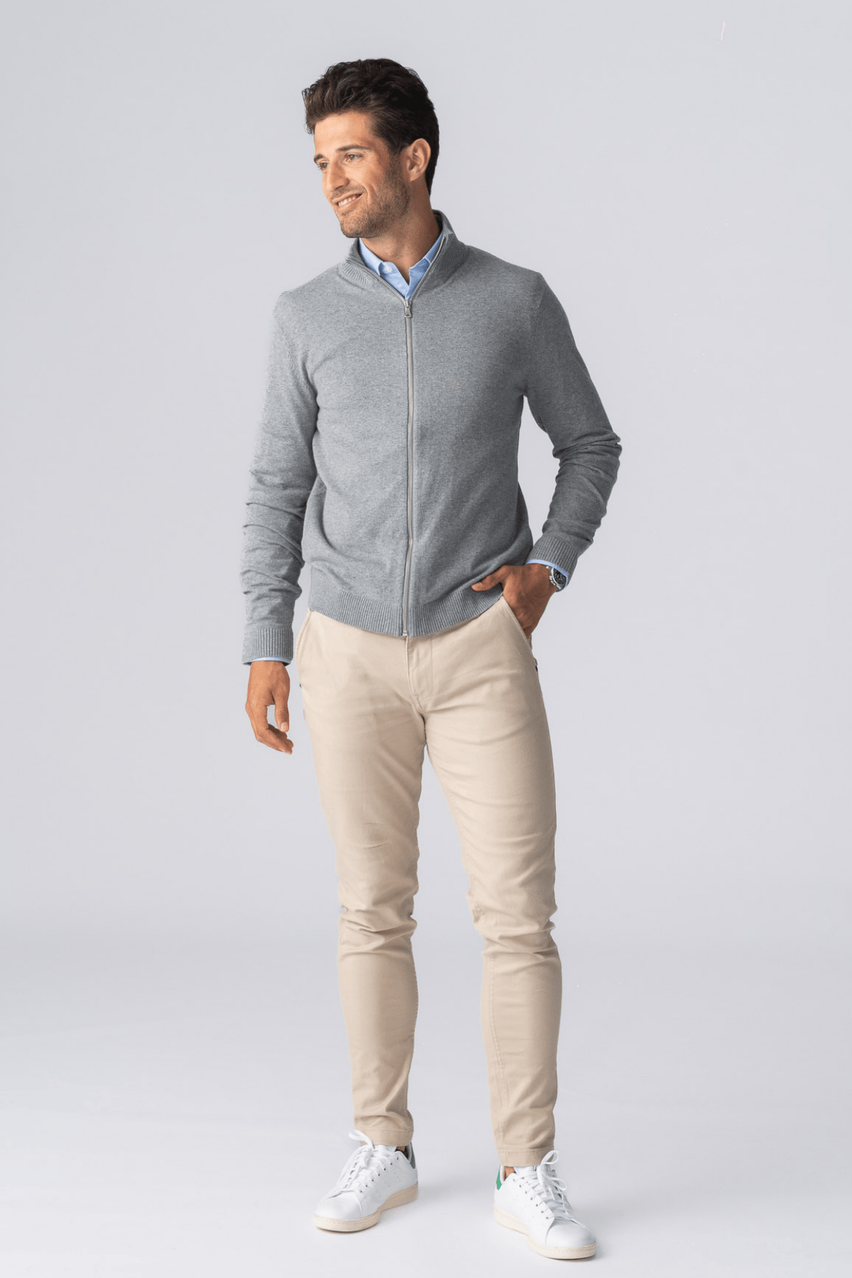 blue dress pants grey sweater Haggar Big & Tall 4-Way Stretch Dress Pants, Flat Front in Medium Grey