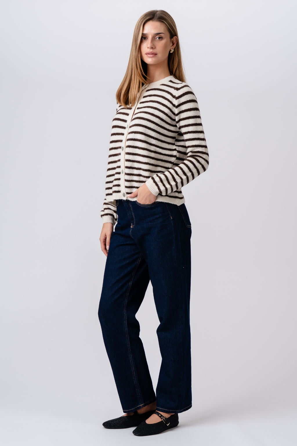 Crizette Striped Knit Cardigan - Off White/Brown