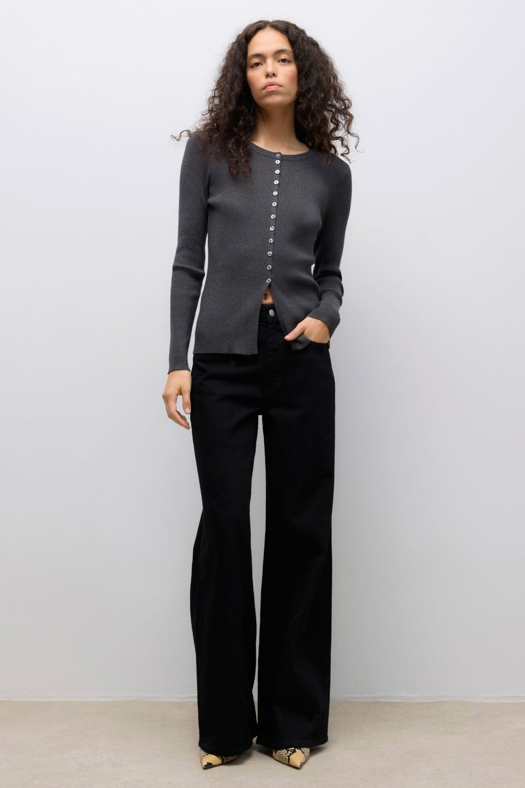 Ukino O-Neck Knit Cardigan - Dark Grey Melange