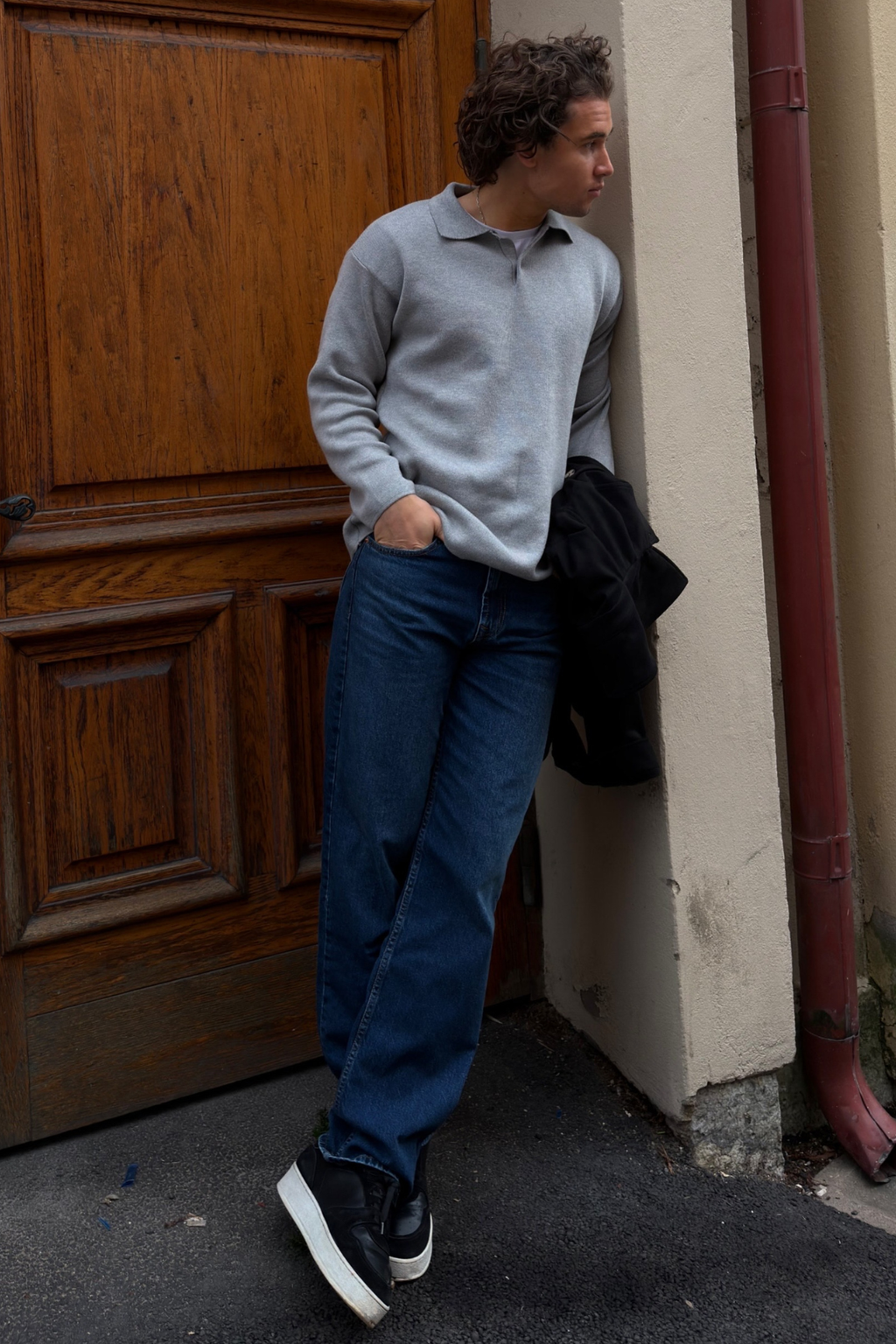 Polo muinchille fada cniotáilte - liath