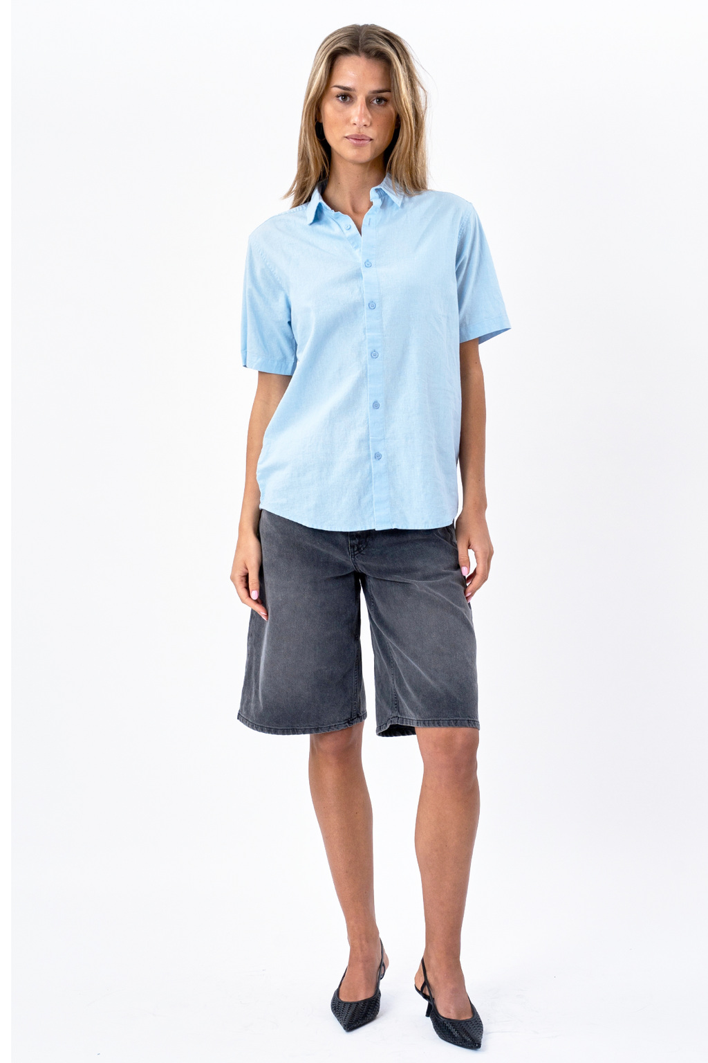 Short Sleeve Linen Shirt - Light Blue