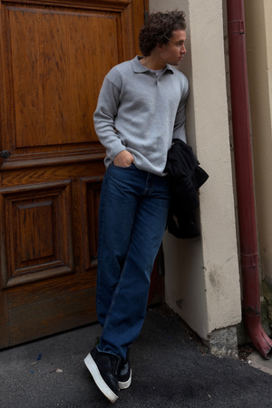 Knitted Long Sleeve Polo - Grey