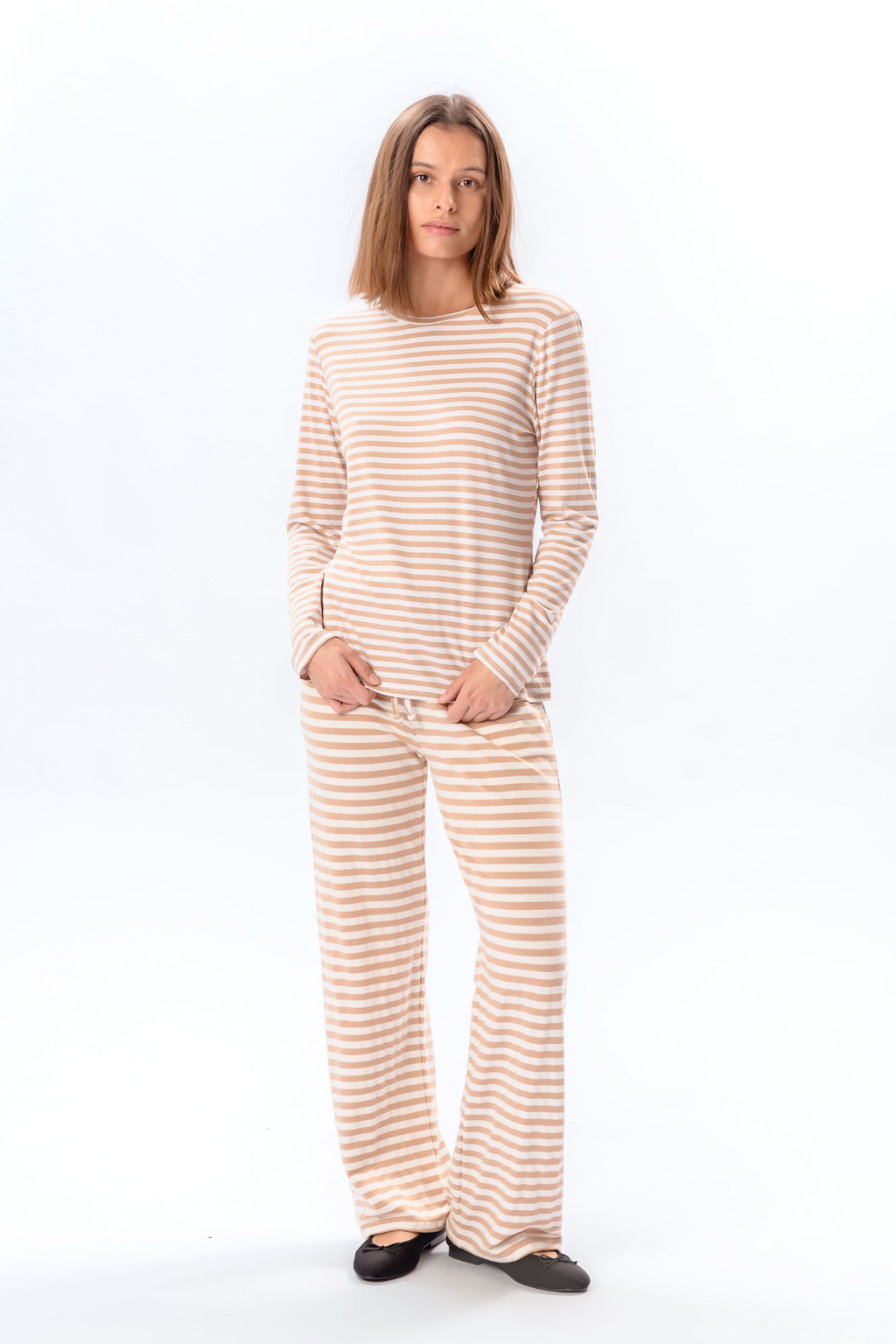 Stripped Long Sleeve Slim Fit - Beige