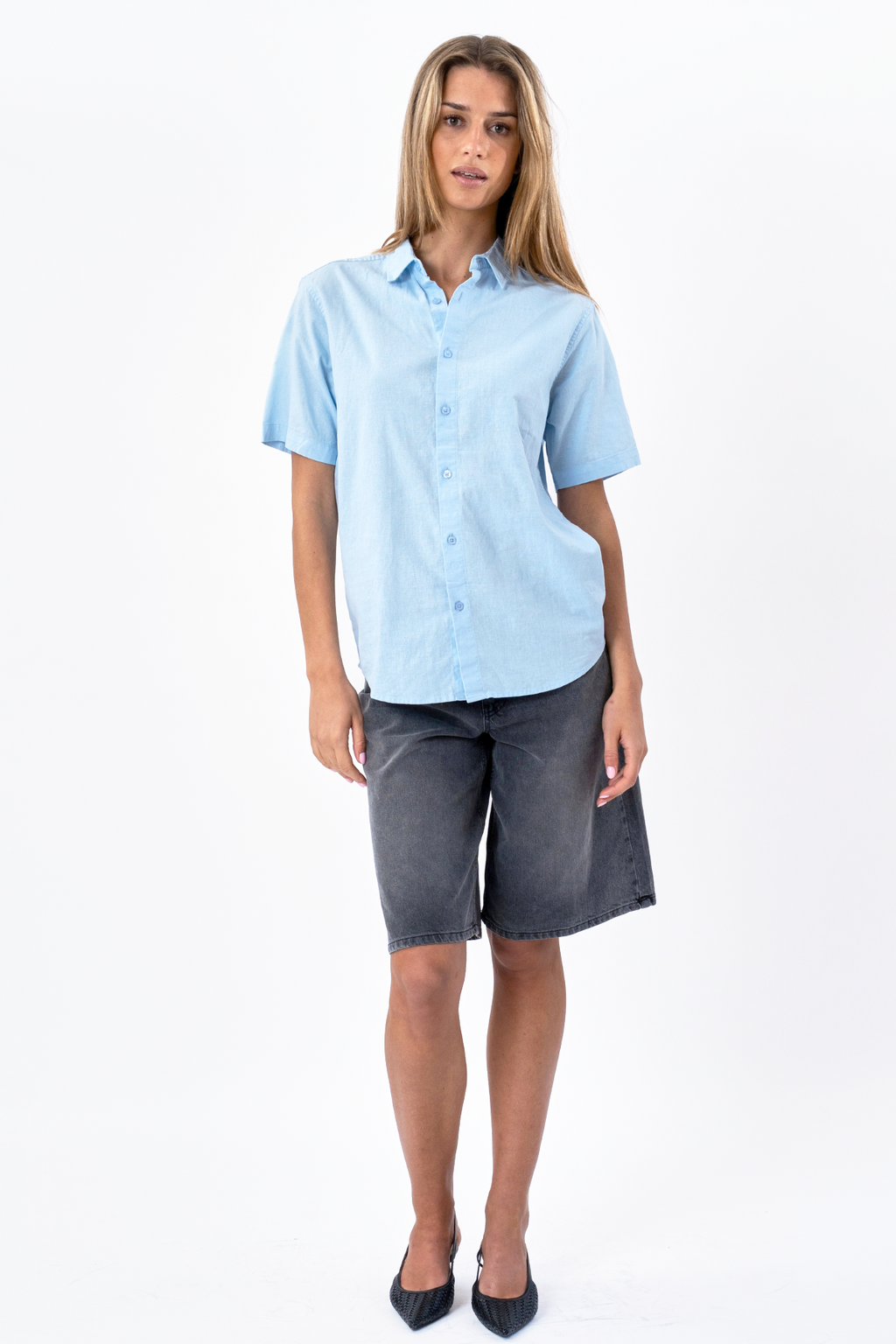 Short Sleeve Linen Shirt - Light Blue