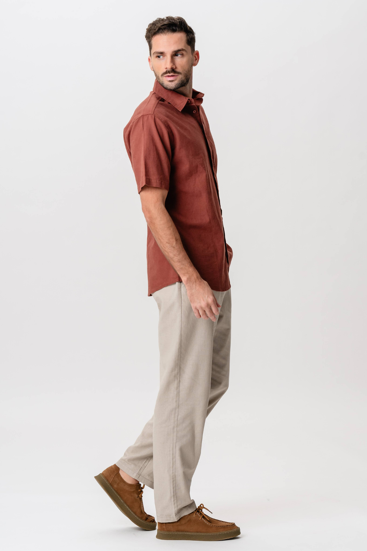 Short Sleeve Linen Shirt - Terracotta: Men's Stylish Essential Short Sleeve Linen Shirt - Terracotta: Men's Stylish Essential