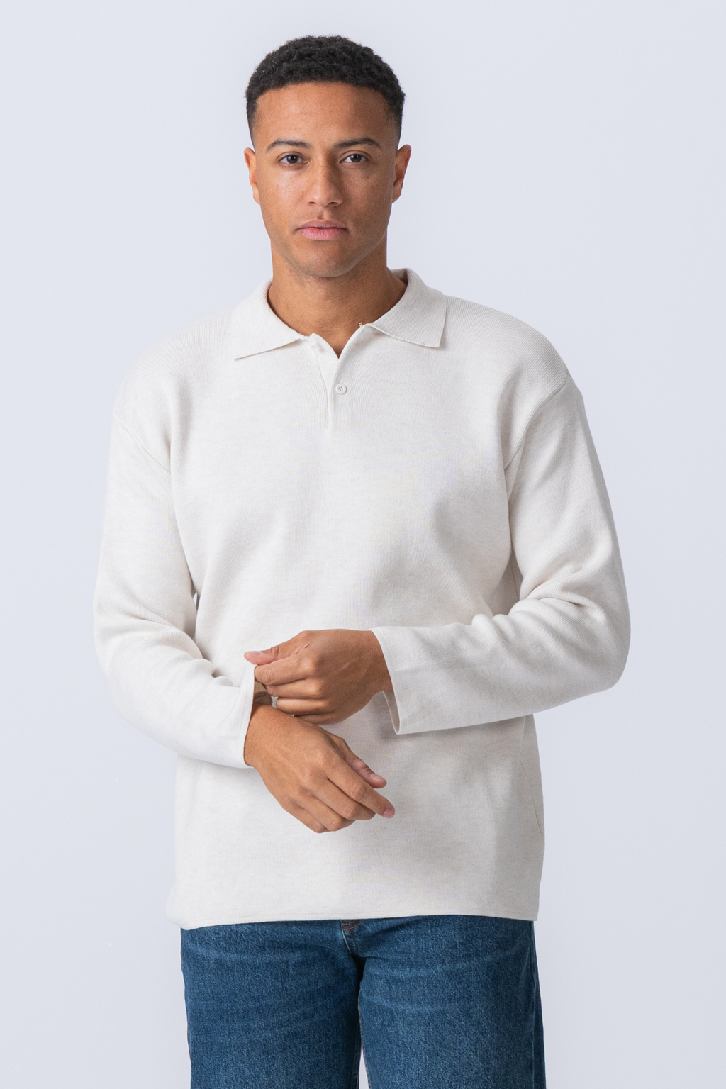 Knitted Long Sleeve Polo - White