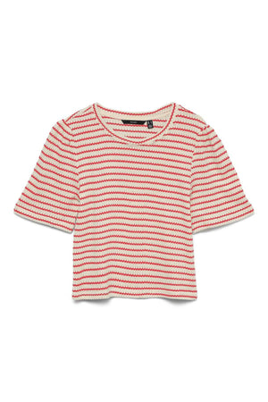 Ohia 2/4 O-Neck Top - Birch Stripes - Poinsettia