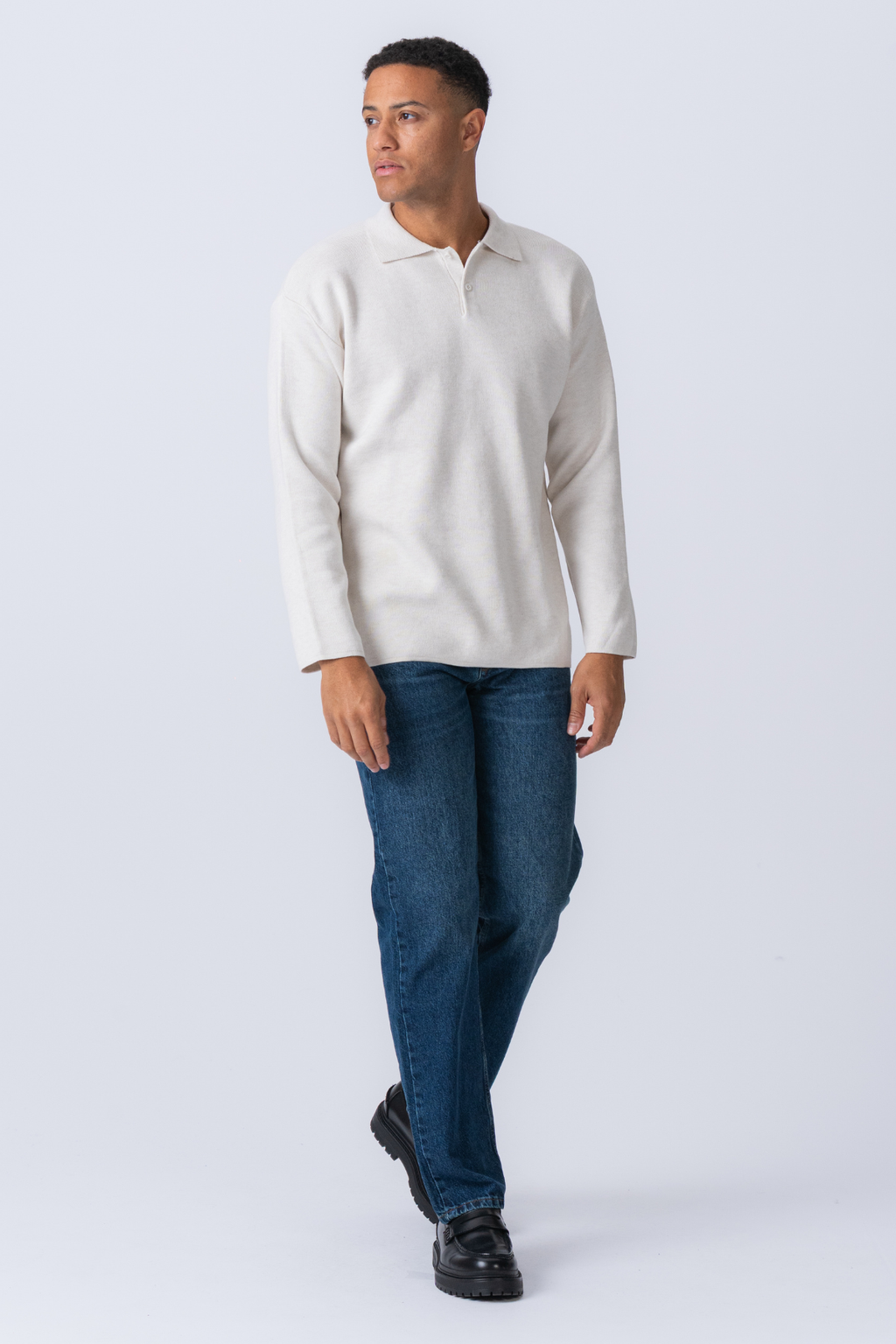 Knitted Long Sleeve Polo - White