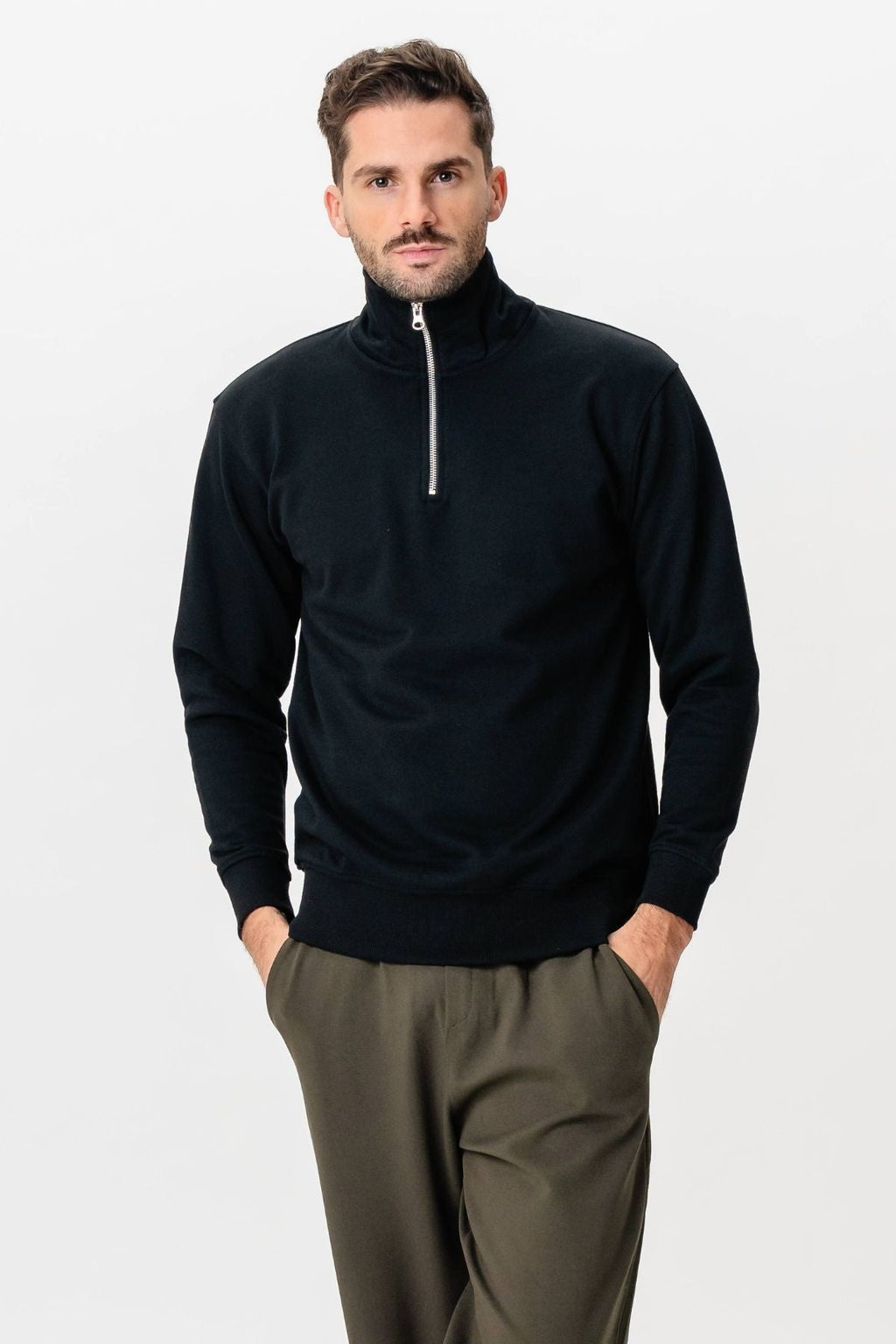 Sweatshirt leath zip - dubh