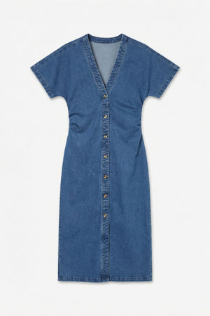 Melaney 2/4 V-Neck Denim Dress - Medium Blue Denim