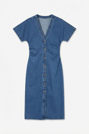 Melaney 2/4 V-Neck Denim Dress - Medium Blue Denim