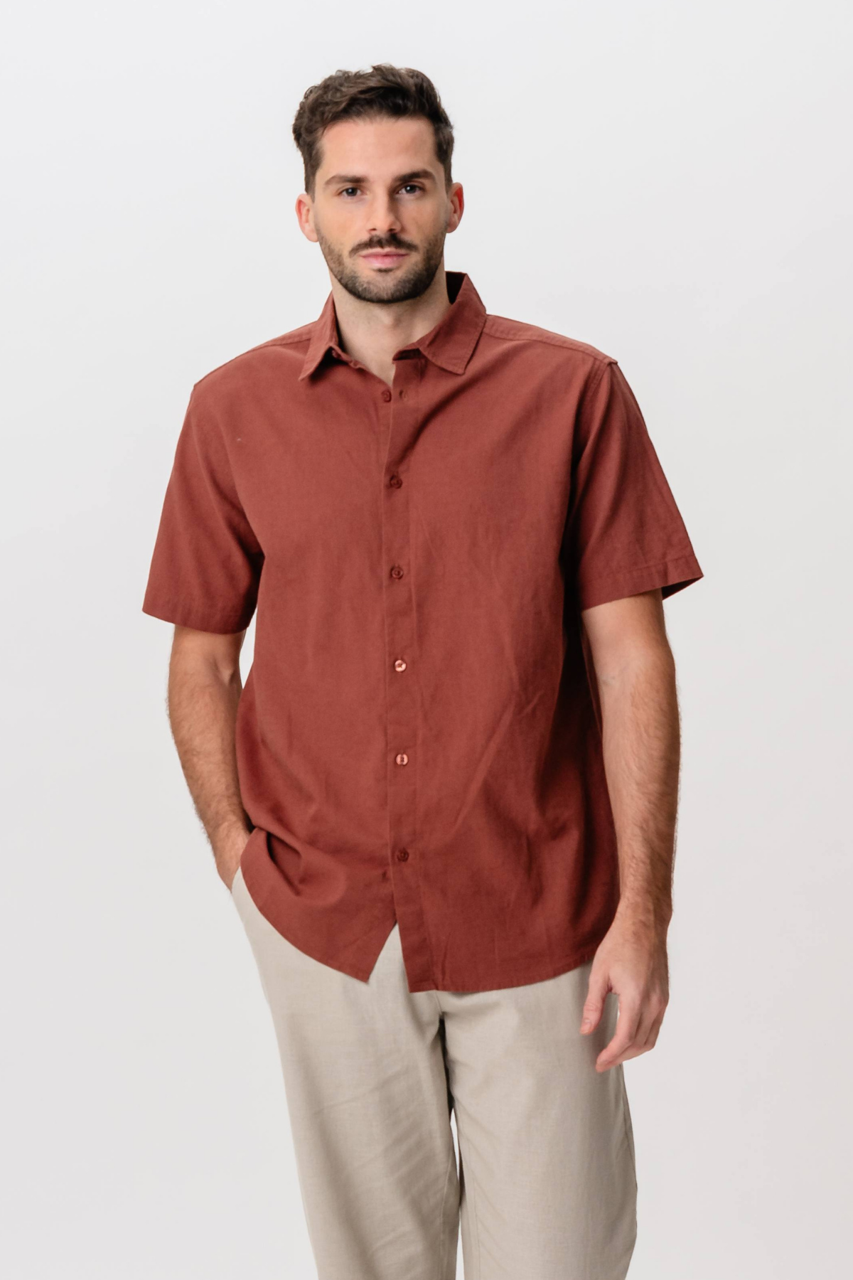 Short Sleeve Linen Shirt - Terracotta: Men's Stylish Essential Short Sleeve Linen Shirt - Terracotta: Men's Stylish Essential