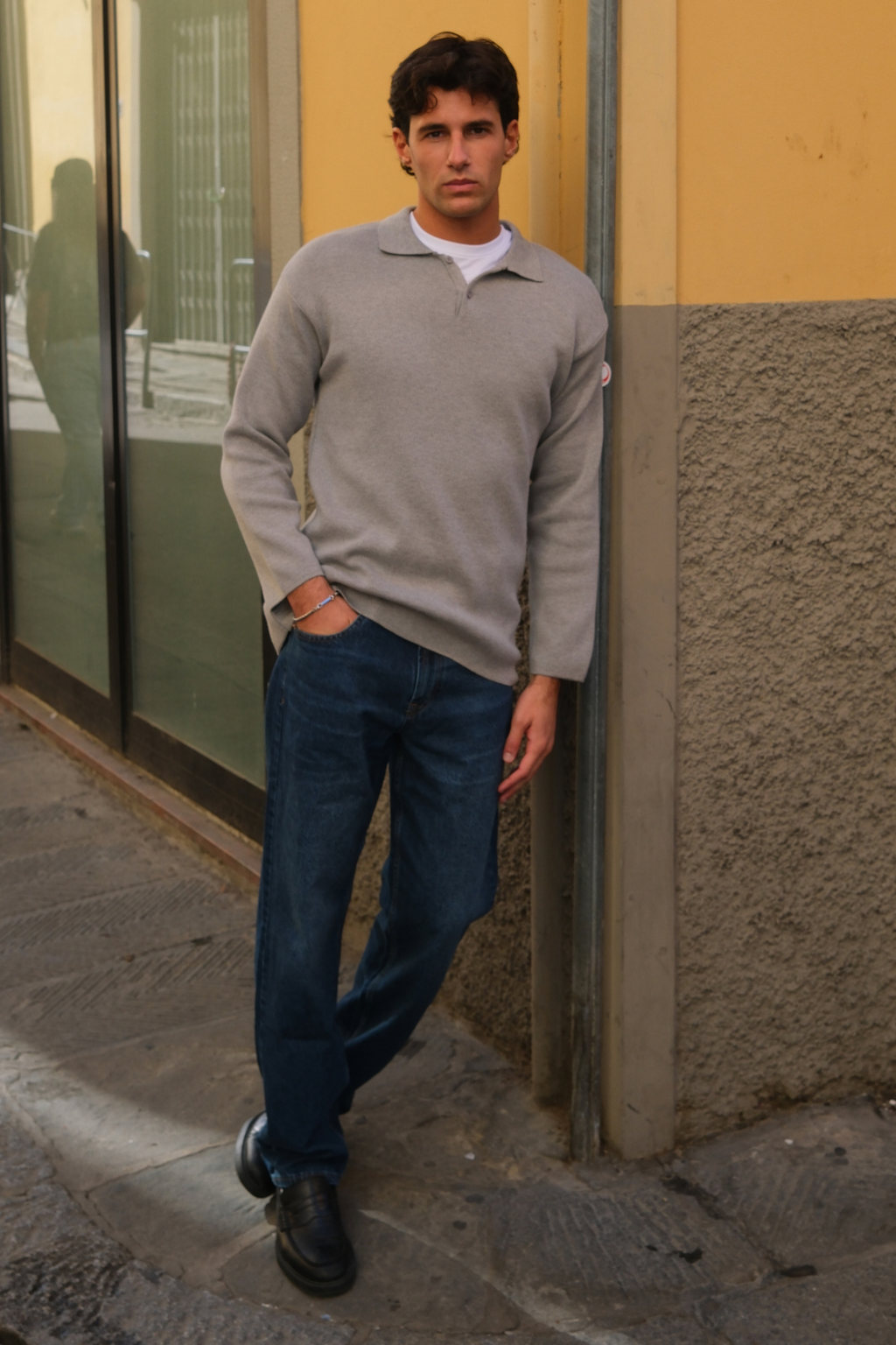 Knitted Long Sleeve Polo - Grey