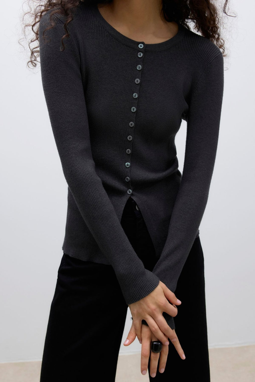 Ukino O-Neck Knit Cardigan - Dark Grey Melange