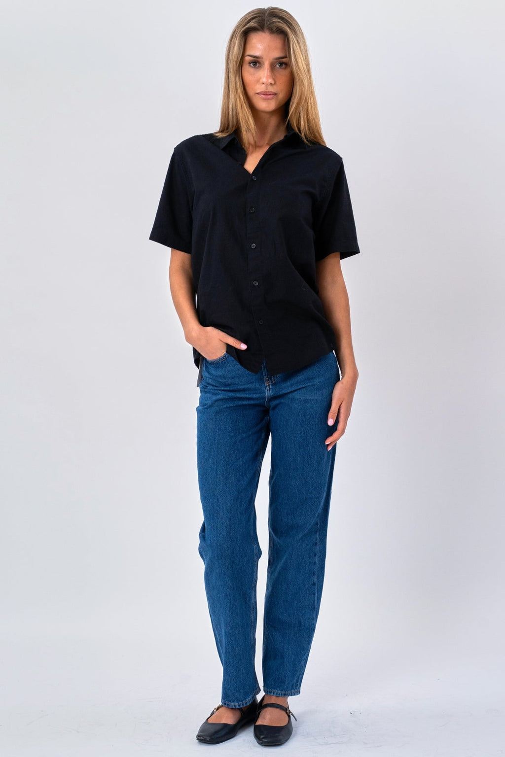 Short Sleeve Linen Shirt - Black