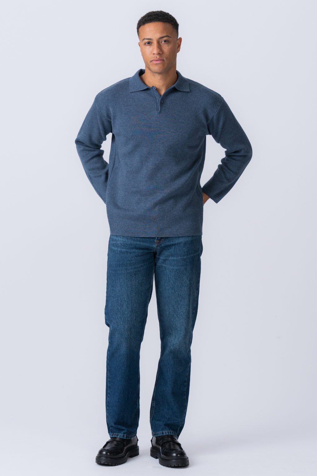 Knitted Long Sleeve Polo - Ocean Blue