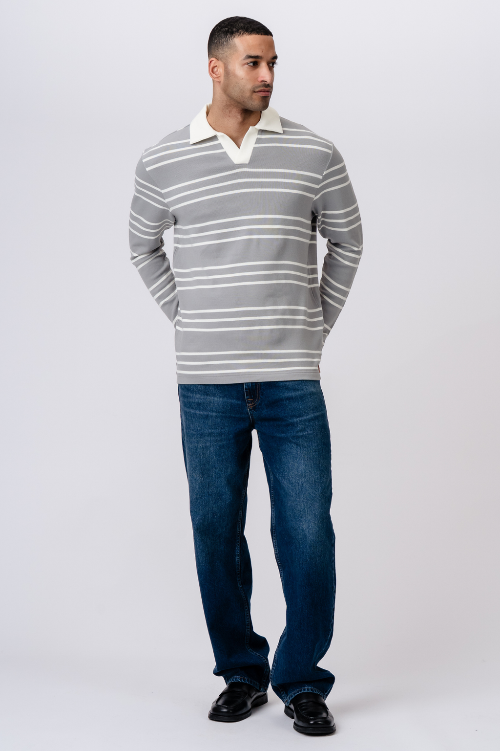 Striped Long-sleeved Polo - Grey
