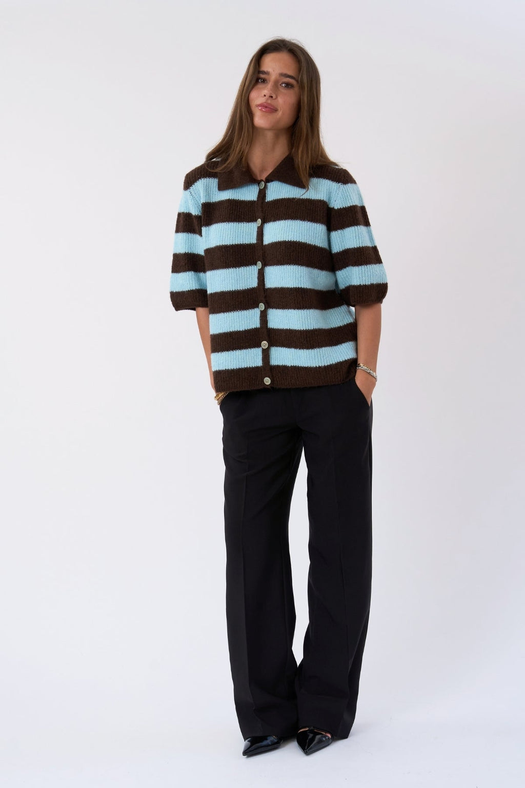 Alba Polo Knit - Chocolate/Light Blue