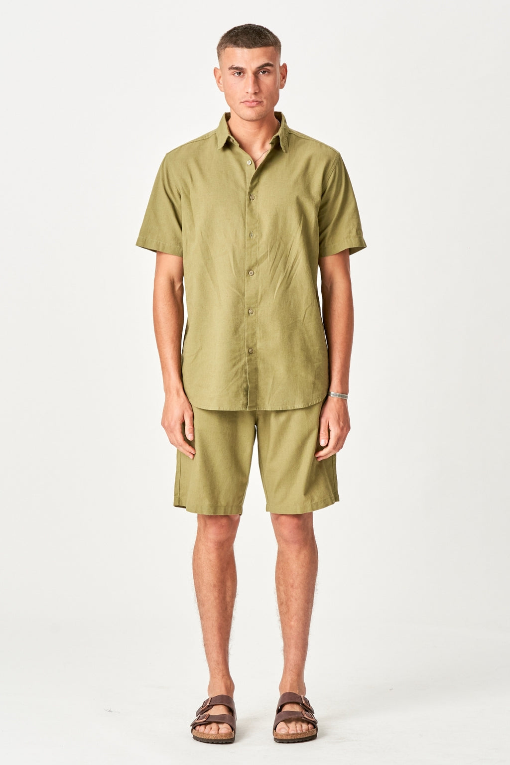 Linen Set Short-Sleeved Shirt + Linen Shorts – Green (Package Deal)