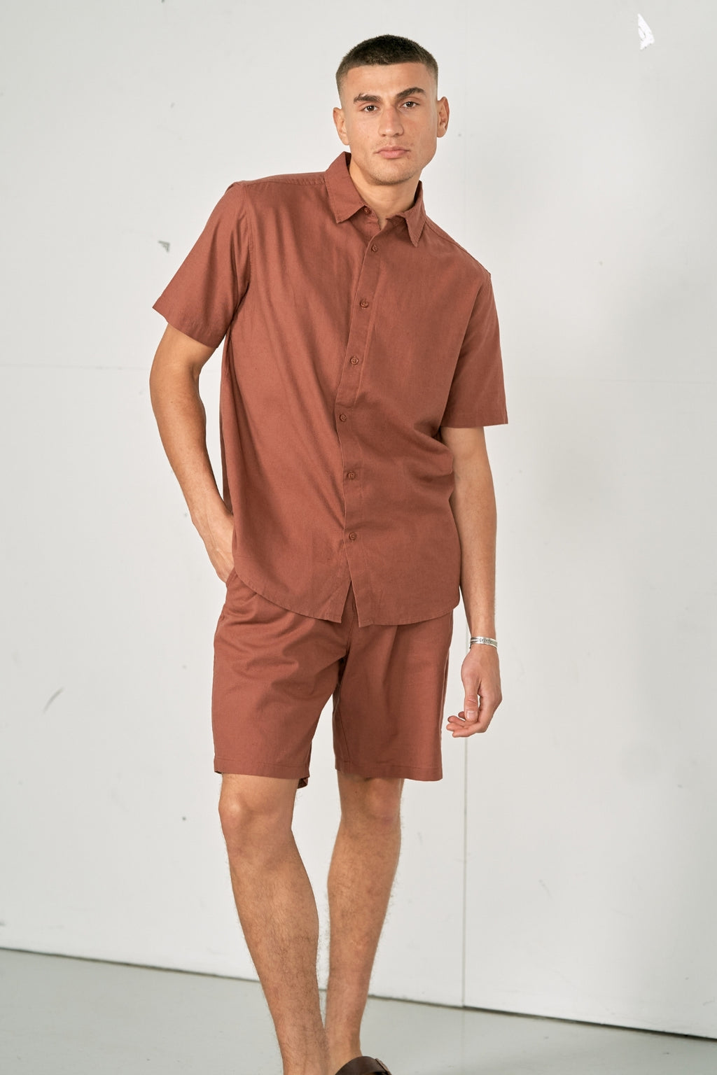 Linen Set Short-Sleeved Shirt + Linen Shorts – Terracotta (Package Deal)