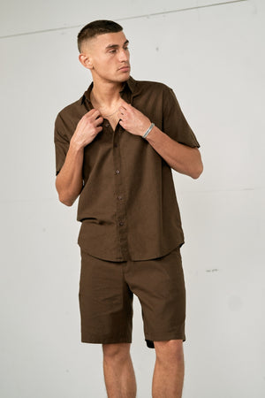 Linen Set Short-Sleeved Shirt + Linen Shorts – Coffee (Package Deal)
