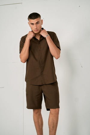 Linen Set Short-Sleeved Shirt + Linen Shorts – Coffee (Package Deal)