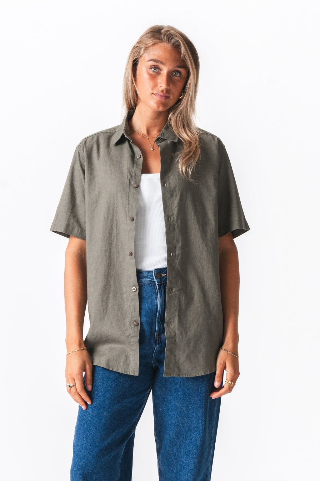 Short Sleeve Linen Shirt - Army
