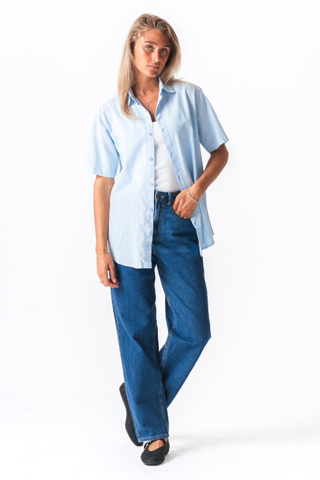 Short Sleeve Linen Shirt - Light Blue