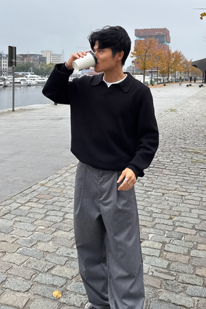 Polo muinchille fada cniotáilte - dubh