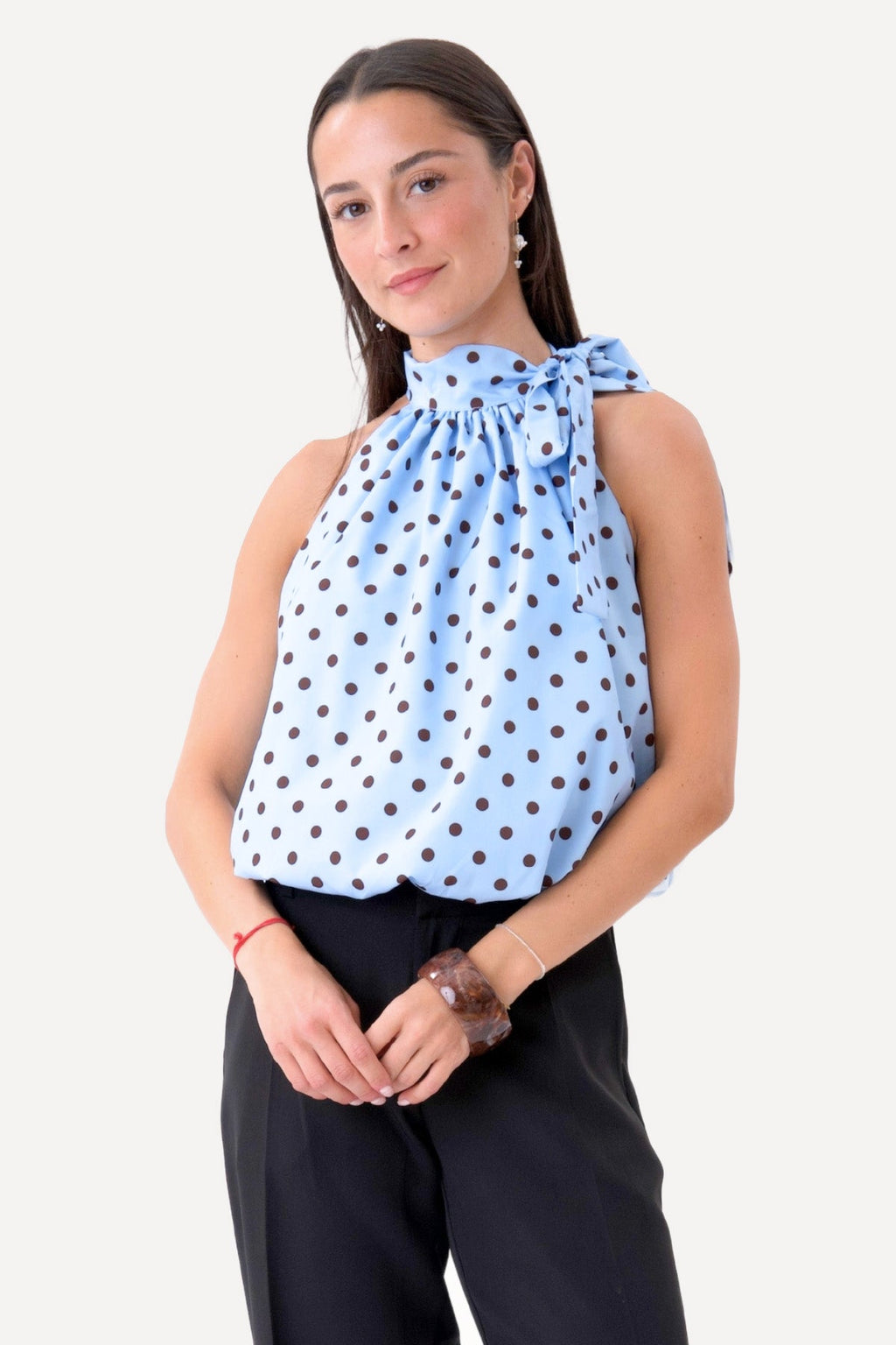 Wilma Top - Light Blue/Brown Dots