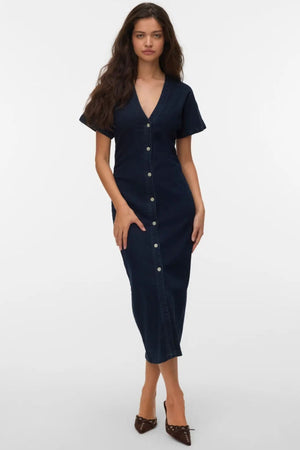 Sanni V-Neck Dress - Dark Blue Denim