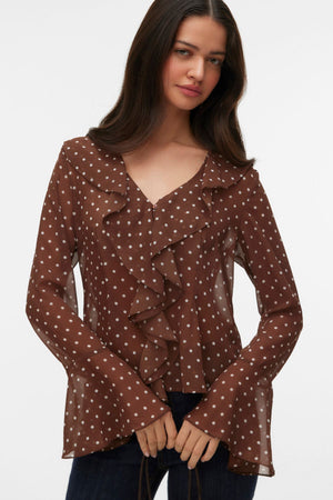 Willow Frill Top - Chocolate Martini:Snow white dot