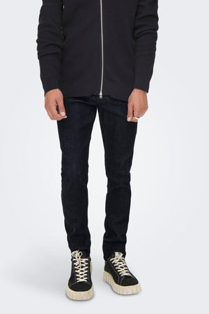 Tkáčsky štíhle surové džínsy - modrý džínsovina