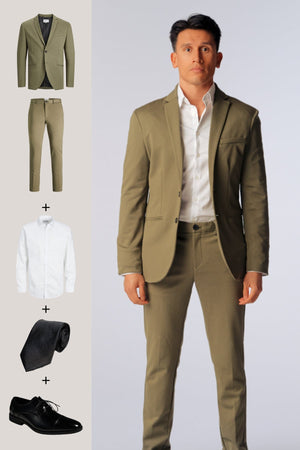 The Original Performance Suit (Olive) + Shirt, Tie & Derby Shoes - Package Deal