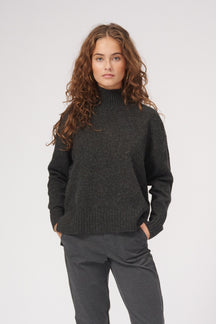 Oversized Knitted Polo-Neck Jumper - Dark Grey Melange