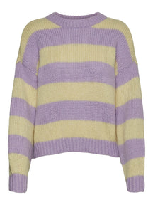 Knitový sveter s pruhovaným O -krkom - fialová / žltá